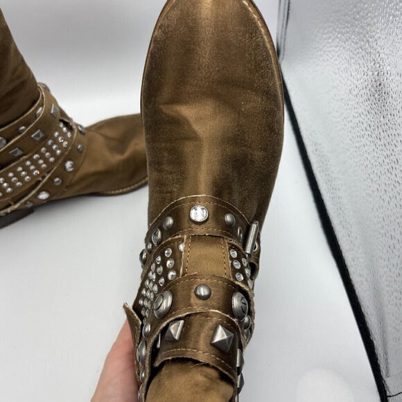 Guess Western Brown Satin Low Heel Mid Calf Buckle Rhinestone Boots Size 5.5 - Picture 3 of 7